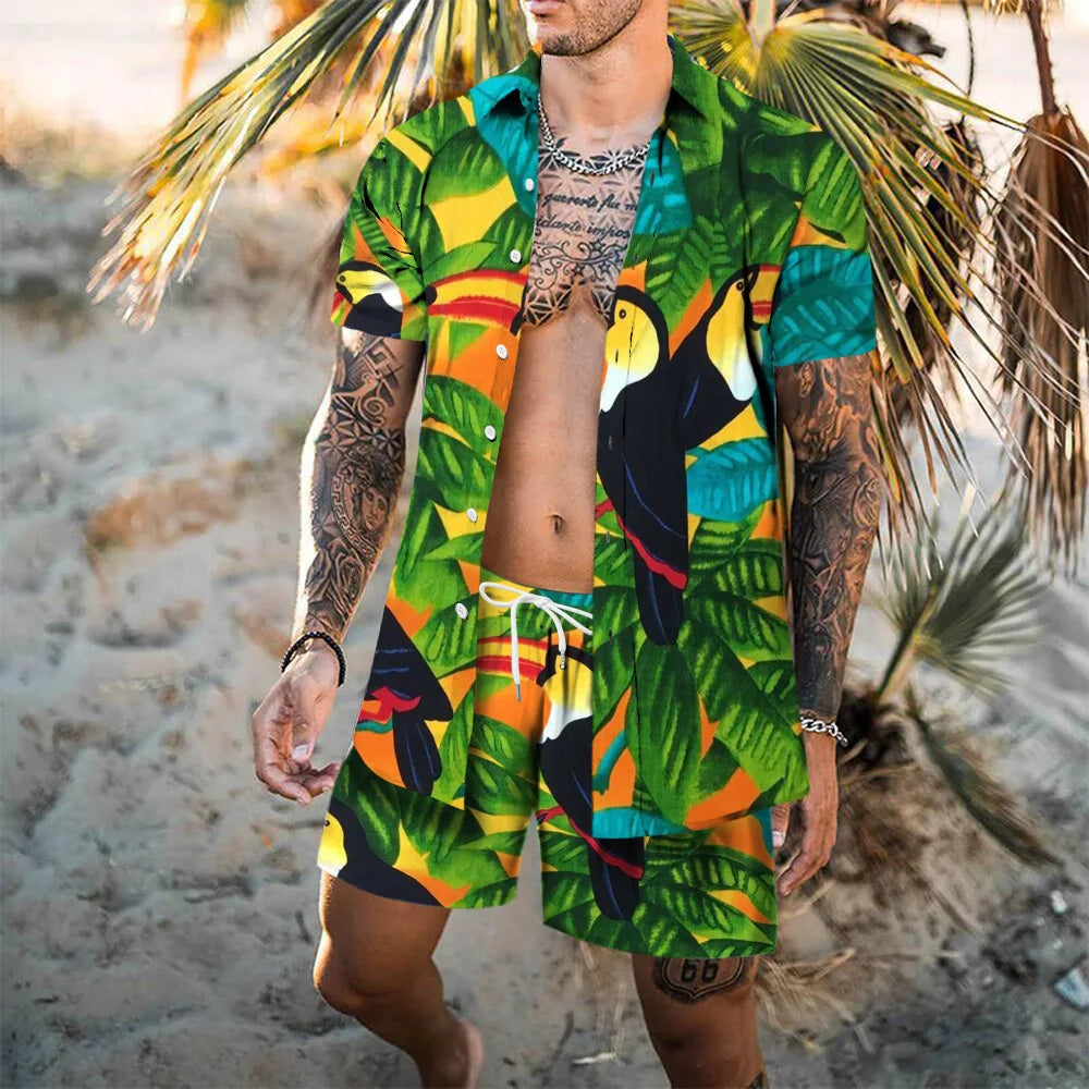 Completo da spiaggia hawaiano da uomo, 2 pezzi: camicia con stampa 3D, maniche corte, pantaloncini da spiaggia, camicia casual, set due pezzi alla moda per le vacanze.