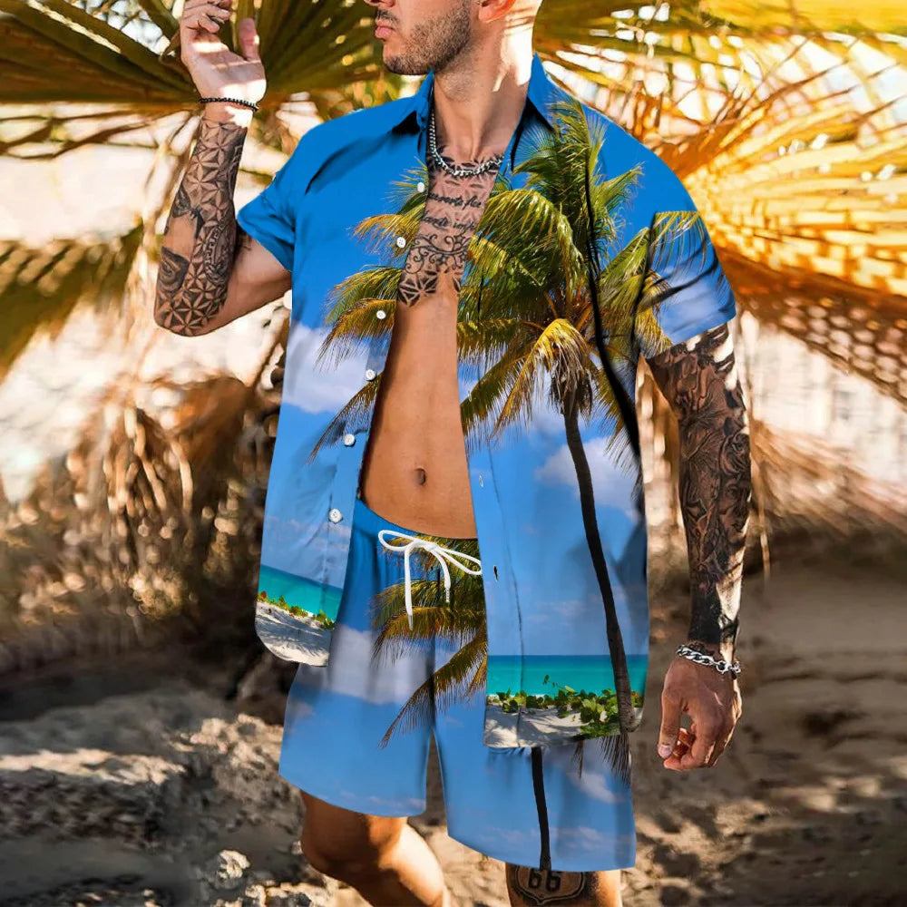 Completo da spiaggia hawaiano da uomo, 2 pezzi: camicia con stampa 3D, maniche corte, pantaloncini da spiaggia, camicia casual, set due pezzi alla moda per le vacanze.