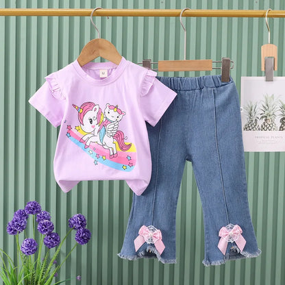 Completo estivo per bambine 2024, composto da maglietta a maniche corte con stampa a cartoni animati e pantaloni da cowboy, per neonate da 0 a 4 anni.