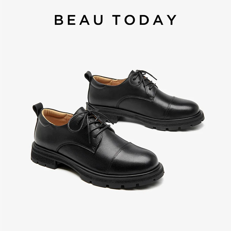 BEAUTODAY Scarpe Derby da donna in vera pelle, basse, punta tonda, allacciatura, tacco quadrato, casual, Oxford, fatte a mano 21529