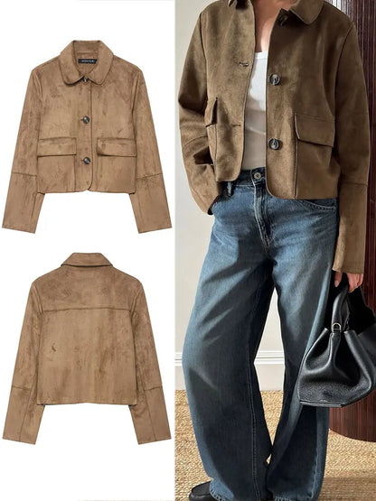 HH Women Vintage Solid Suede Coat Lapel Single Breasted Long Sleeve Jacket With Pockets Autumn Casual Outwear Short Jackets
