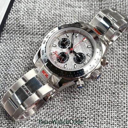 Orologio cronometro Tandorio da uomo, 39 mm, movimento al quarzo VK63, quadrante grigio, vetro zaffiro, cronografo completo, bracciale in acciaio inossidabile 316L, cinturino in gomma.