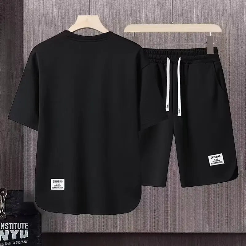 Completo estivo da uomo color kaki, stile americano, con t-shirt e pantaloncini stampati a cartoni animati, set di 2 pezzi, maglia a nido d'ape traspirante, abbigliamento sportivo da uomo.