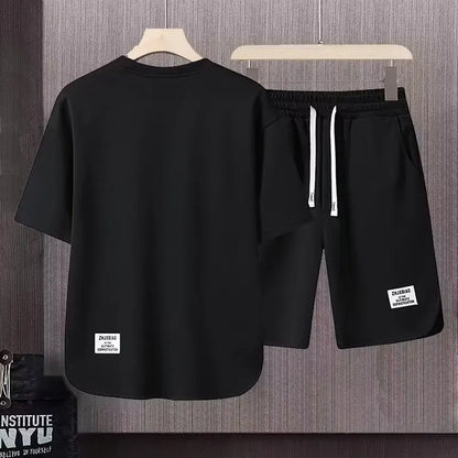 Completo estivo da uomo color kaki, stile americano, con t-shirt e pantaloncini stampati a cartoni animati, set di 2 pezzi, maglia a nido d'ape traspirante, abbigliamento sportivo da uomo.