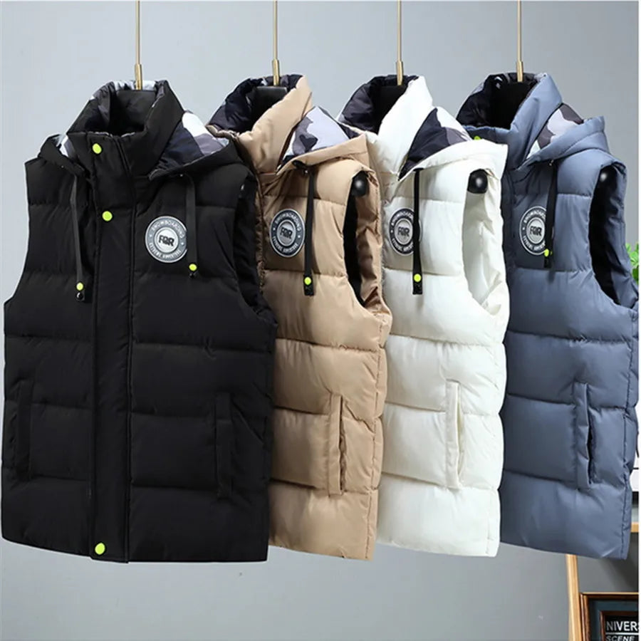 Gilet imbottito da uomo nero in cotone, giacca senza maniche con cappuccio staccabile, caldo invernale, cappotto spesso da uomo, taglia grande 5XL