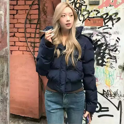 Fashion Women's Loose Short Down Cotton Jacket with Detachable Hat Fur Collar Parkas Winter Warm Thicken Snow Outerwear