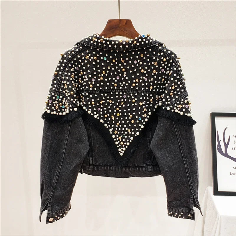 2024 Nuova giacca di jeans da donna primavera autunno streetwear con perle borchiate a mano, punk, nappa, giacca da donna, jeans corti larghi, cappotti