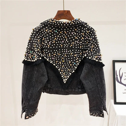 2024 Nuova giacca di jeans da donna primavera autunno streetwear con perle borchiate a mano, punk, nappa, giacca da donna, jeans corti larghi, cappotti