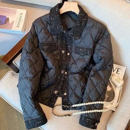 Bla Quilted Cotton Jaet Women's Winter Lightweight Diamond Pattern Faionable Design Casual Loose Fit Long Sve Coat