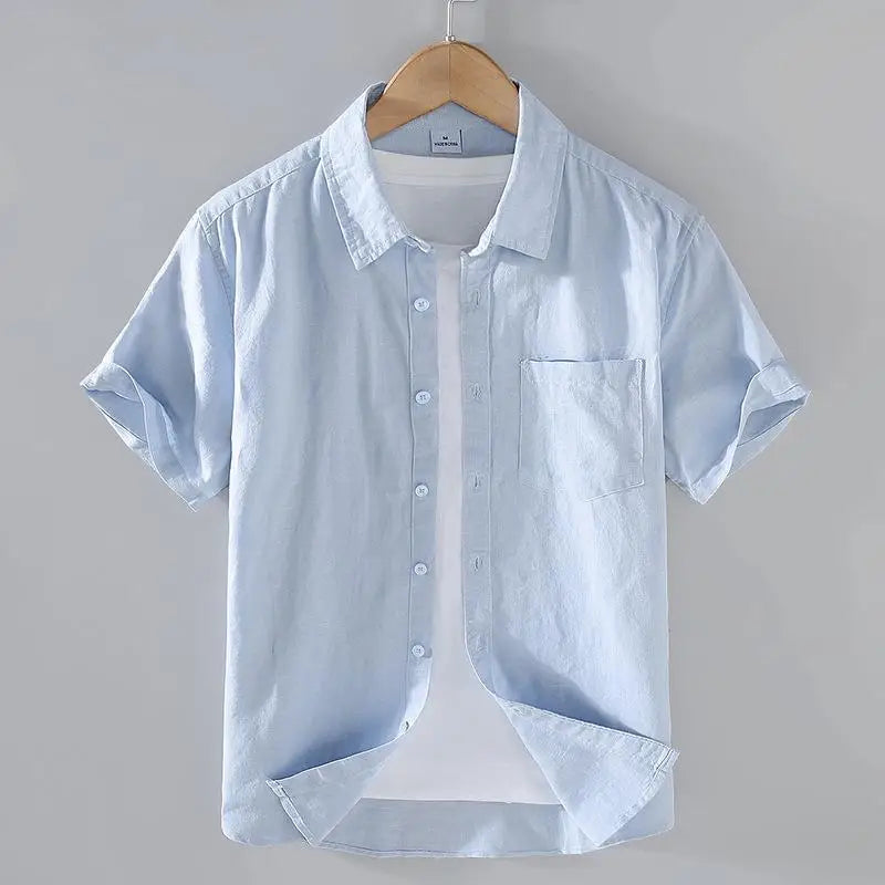 Camicia da uomo in cotone e lino a maniche corte, estiva, stile streetwear, tinta unita, collo alto, casual, stile spiaggia, taglie forti dalla M alla 3XL