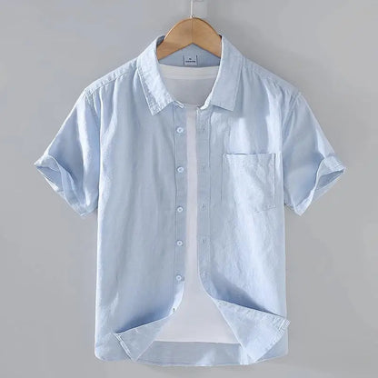 Camicia da uomo in cotone e lino a maniche corte, estiva, stile streetwear, tinta unita, collo alto, casual, stile spiaggia, taglie forti dalla M alla 3XL