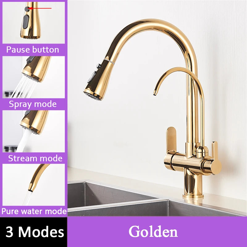 Black Filtered Faucet Brass Purifier Kitchen Faucet Dual Handle Drinking Water Vessel Sink Mixer Tap Torneira for Kitchen