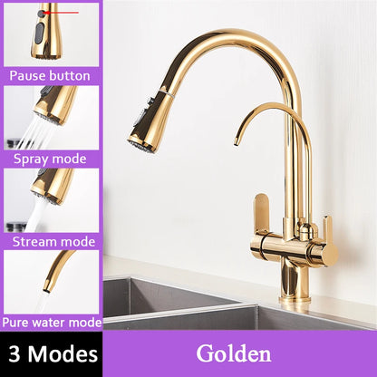 Black Filtered Faucet Brass Purifier Kitchen Faucet Dual Handle Drinking Water Vessel Sink Mixer Tap Torneira for Kitchen