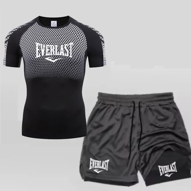EVERLAST Maglietta a compressione da uomo + pantaloncini sportivi 2 in 1 Set 2 pezzi Tempo libero Traspirante Manica corta Sport Jogging Palestra Abbigliamento di marca Stampa