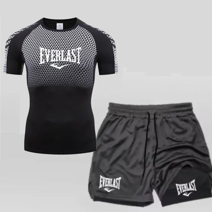 EVERLAST Maglietta a compressione da uomo + pantaloncini sportivi 2 in 1 Set 2 pezzi Tempo libero Traspirante Manica corta Sport Jogging Palestra Abbigliamento di marca Stampa
