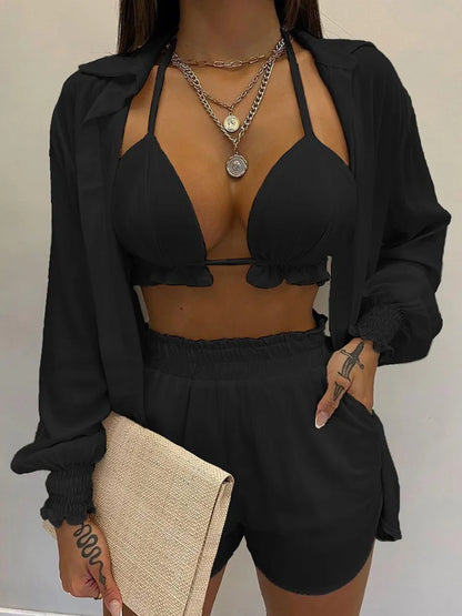 Costume da bagno a tre pezzi, sexy, da spiaggia, nuovo 2024, pantaloncini da bagno, copricostume, bikini estivo a vita alta, set bikini stampato da donna.