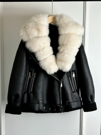 Janveny 2024 Winter Fake Leather Coat Real Natural Fox Fur Collar Cuff Women Thick Warm Large Lapel Fur Lining Leather Jacket