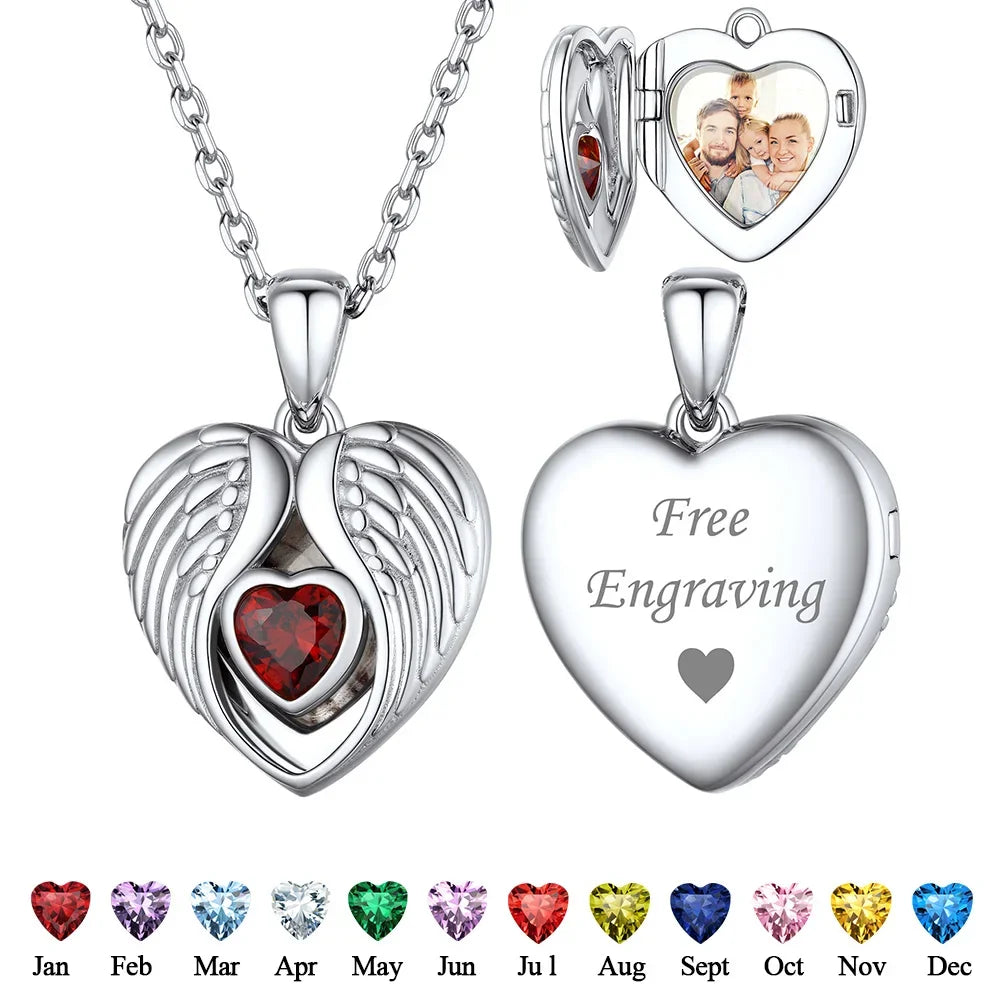 Ciondolo a forma di cuore con ali d'angelo in argento 925 U7 con pietre portafortuna, collana con ciondolo portafoto personalizzato per donna, gioiello commemorativo con foto di famiglia.