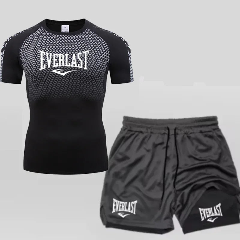 EVERLAST Maglietta a compressione da uomo + pantaloncini sportivi 2 in 1 Set 2 pezzi Tempo libero Traspirante Manica corta Sport Jogging Palestra Abbigliamento di marca Stampa