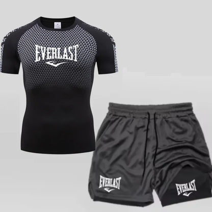 EVERLAST Maglietta a compressione da uomo + pantaloncini sportivi 2 in 1 Set 2 pezzi Tempo libero Traspirante Manica corta Sport Jogging Palestra Abbigliamento di marca Stampa