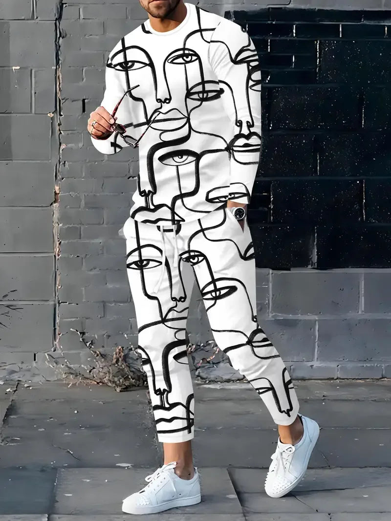 Popular Men's Long Sleeve T-Shirts Pants Set Fashion 3D Print Men Sportswear Man Clothes Street Tracksuit Jogger 2 Piece Outfits
