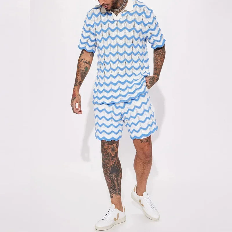 Completo estivo da uomo 2023, nuovo set composto da camicia e pantaloncini in maglia con stampa alla moda, due pezzi, abbigliamento sportivo e casual da uomo.