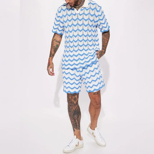 Completo estivo da uomo 2023, nuovo set composto da camicia e pantaloncini in maglia con stampa alla moda, due pezzi, abbigliamento sportivo e casual da uomo.
