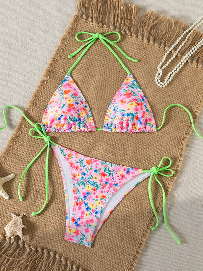 "2025 New Triangle Bikini Set - Floral Print Push Up Swimsuit & Brazilian Bottoms"