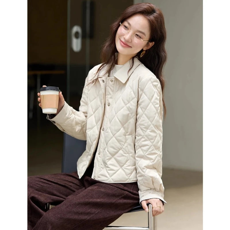 VIMLY Women's Vintage Diamond Quilted Puffer Coat 2025 Winter Oversized Polo Neck Parkas Plaid Spliced Cuff Lady Outwear A2796