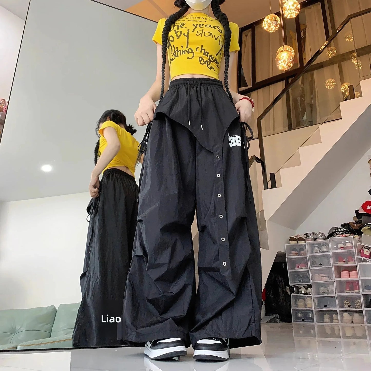 Pantaloni da lavoro casual ad asciugatura rapida in stile americano per street dance, da donna, estivi, hip hop, jazz, a gamba larga, sportivi, lunghi.