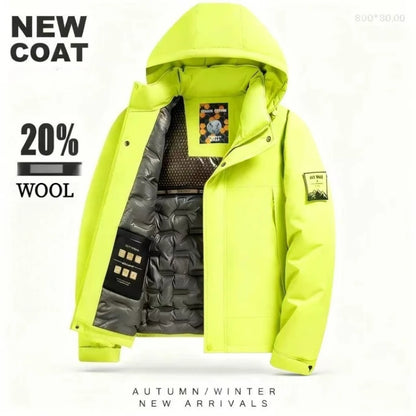 Men's 2025 Winter Fluorescent Green Wool Blend Cotton Jacket - Fluorescent Green (Black/Red/Khaki) Cotton-Padded Jacket