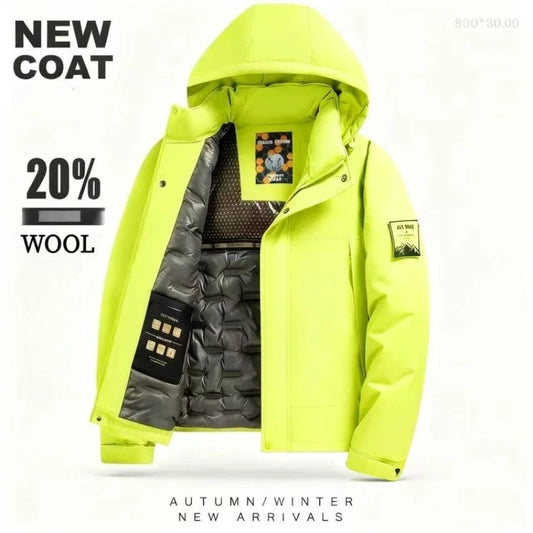 Men's 2025 Winter Fluorescent Green Wool Blend Cotton Jacket - Fluorescent Green (Black/Red/Khaki) Cotton-Padded Jacket