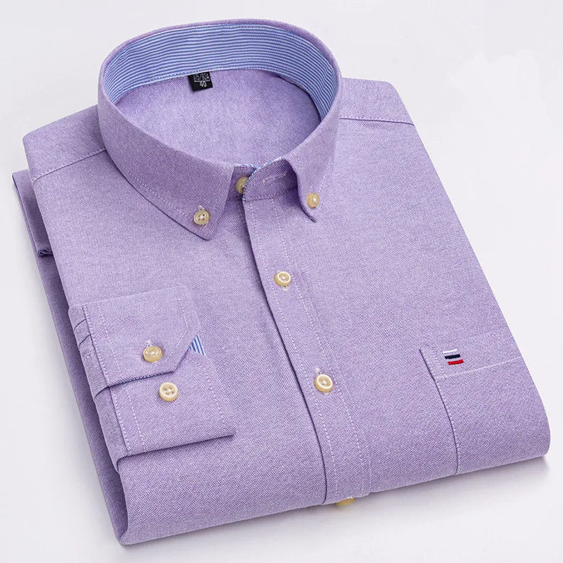 Camicia da uomo a quadri con bottoni a maniche lunghe in cotone 100%, con tasca singola sul petto, vestibilità standard, casual, stile Oxford a quadri e righe