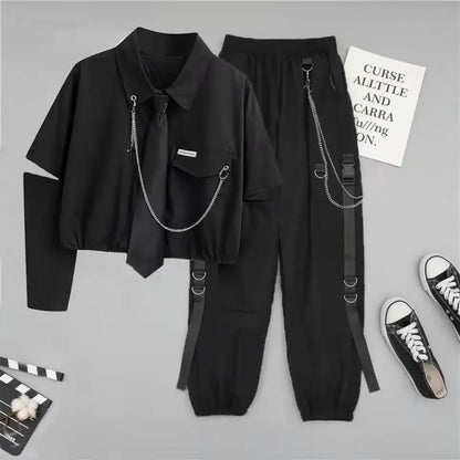 2 Two Piece Sets Outifits For Women New Suit Female Student Korean Loose Long Sleeve Shirt + High Waist Cargo Pants Joggers