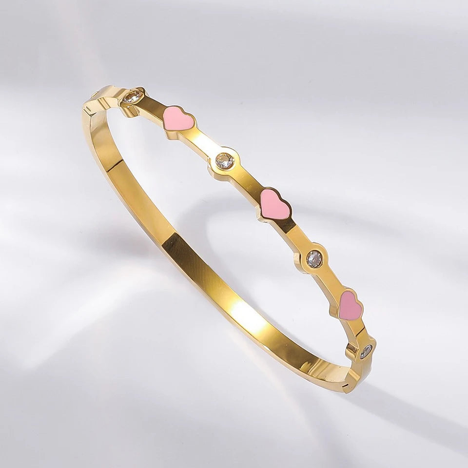 ZAKOL Set di 5 braccialetti impilabili con ciondoli in acciaio inossidabile e cristalli rosa intarsiati con zirconi rosa, gioielli alla moda che non sbiadiscono, regalo.