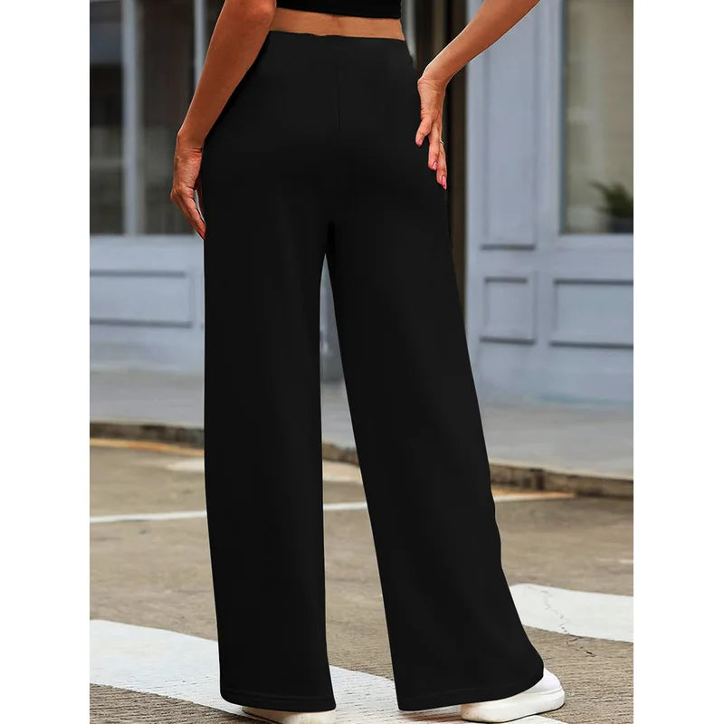  Pantaloni da donna casual eleganti a gamba larga, colore nero tinta unita, snellenti e traspiranti, ideali per l'ufficio e per tutti i giorni, modello 2025.