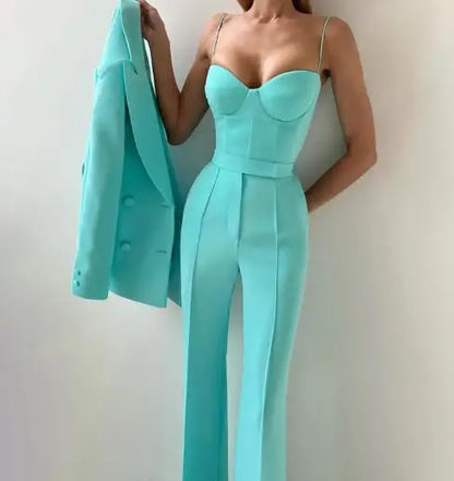 Completo da donna 3 pezzi 2025 autunno nuovo temperamento pendolarismo top corto con spalline sottili e pantaloni a vita alta con blazer a maniche lunghe