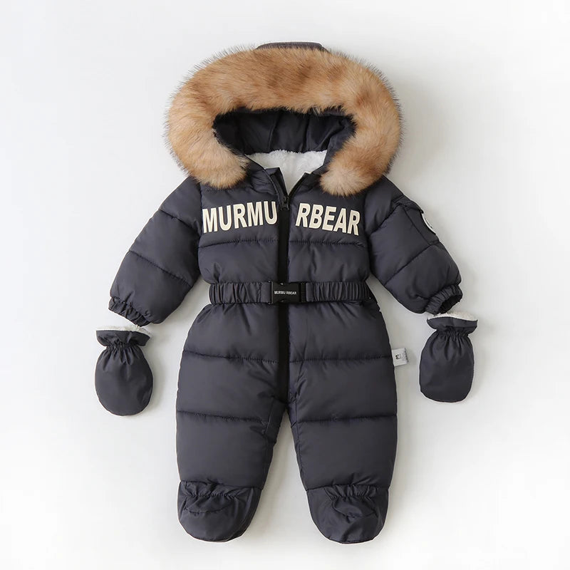 Tutina invernale per neonati, abbigliamento per neonati imbottito, tutina calda in velluto con guanti e cappuccio, tuta da neve per neonati.