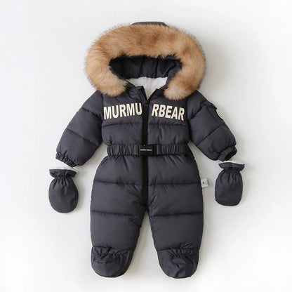 Tutina invernale per neonati, abbigliamento per neonati imbottito, tutina calda in velluto con guanti e cappuccio, tuta da neve per neonati.