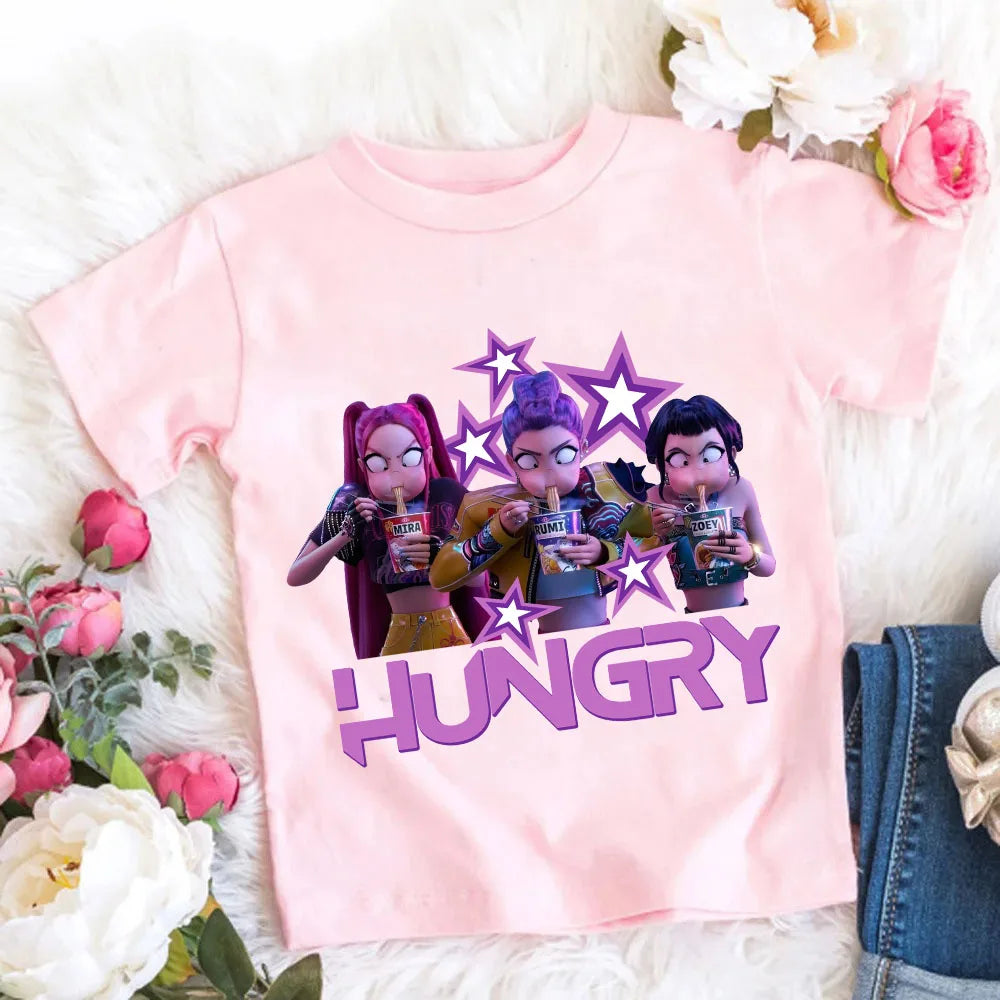 2026 Maglietta per bambine in morbido cotone con stampa del film KPop Demon Hunters - Regali per i fan - Abbigliamento per bambini - Top casual alla moda