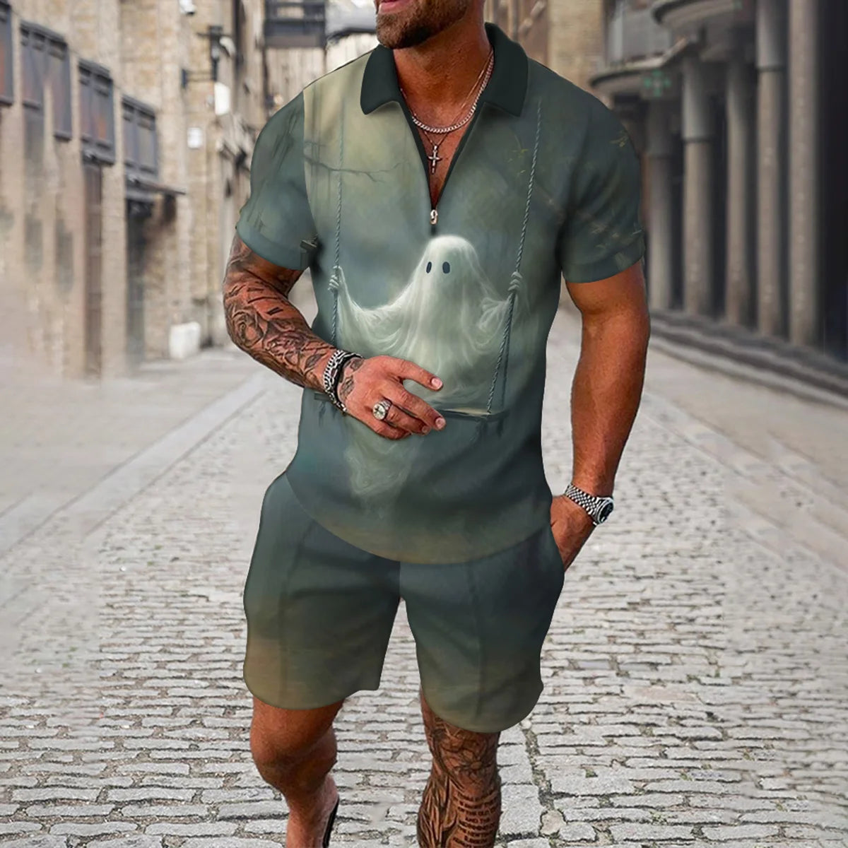 Completo estivo da uomo con stampa 3D, composto da polo con cerniera e pantaloncini, 2 pezzi, stile boho geometrico, abbigliamento per le vacanze.