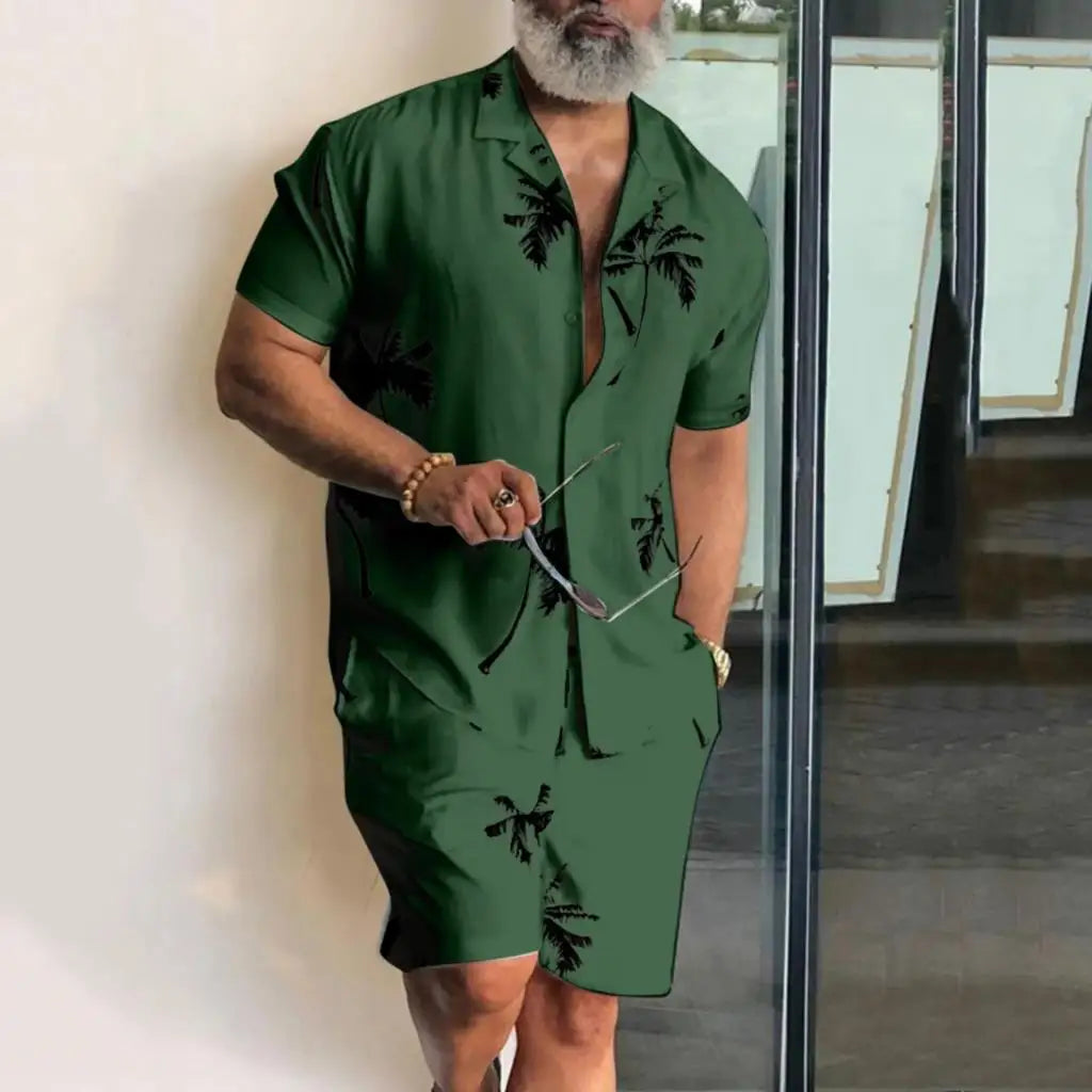 Completo da uomo con camicia a maniche corte e stampa 3D di palma da cocco, pantaloncini da spiaggia oversize, abbigliamento streetwear estivo e completi hawaiani.