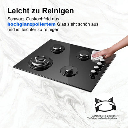 Piano cottura a gas da 60 cm con 4 fuochi, 8000 W, doppia alimentazione (gas naturale/propano), protezione automatica della fiamma, vetro temperato, installazione a incasso o a libera installazione, 220-240 V.
