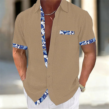 Camicia da uomo a maniche corte con patchwork in porcellana blu e bianca retrò, camicia casual in cotone e lino traspirante, vestibilità ampia, taglie dalla XS alla 6XL