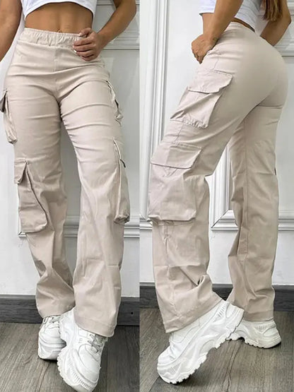 Pantaloni da lavoro elasticizzati a vita alta con tasche, tinta unita, da donna