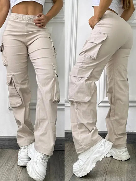 Pantaloni da lavoro da donna a tinta unita con tasche, vita alta e elastico in vita.