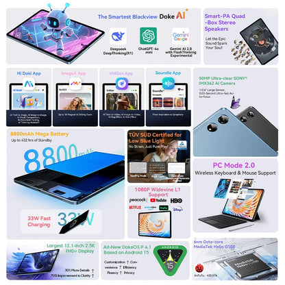 Nuovo tablet Blackview MEGA 3 12,1" Display 2.5K 90Hz Android 15 8800mAh Ricarica rapida 33W 12GB 256GB Fotocamera da 50MP