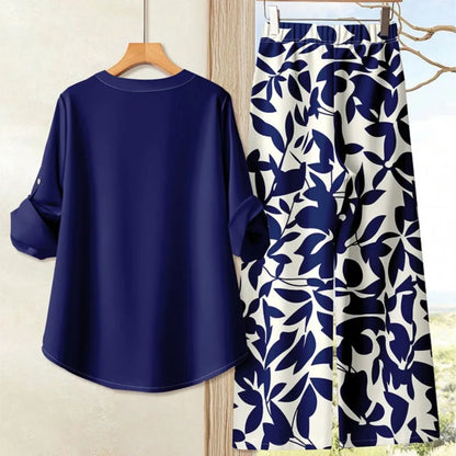 Completo casual da donna autunno 2025, top ampio a maniche lunghe stampato alla moda abbinato a pantaloni larghi in tinta unita, set da due pezzi