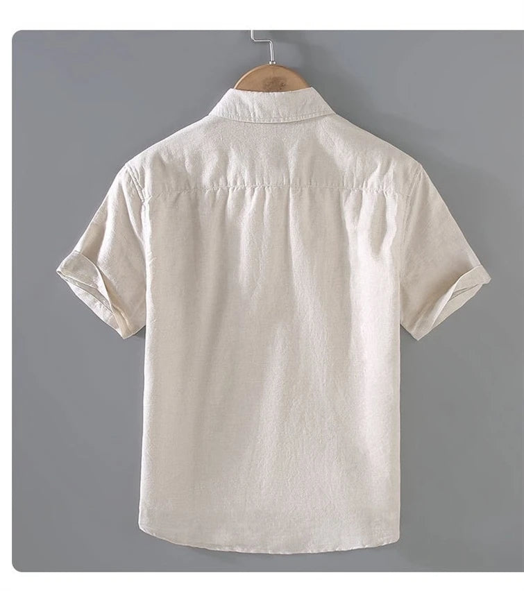 Camicia da uomo in cotone e lino a maniche corte, estiva, stile streetwear, tinta unita, collo alto, casual, stile spiaggia, taglie forti dalla M alla 3XL