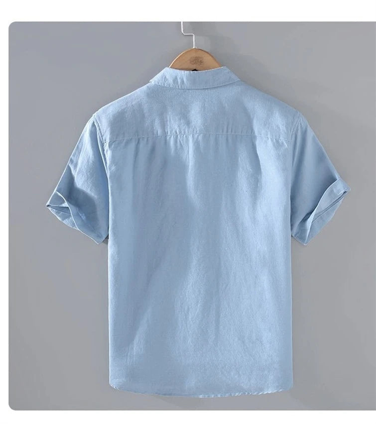 Camicia da uomo in cotone e lino a maniche corte, estiva, stile streetwear, tinta unita, collo alto, casual, stile spiaggia, taglie forti dalla M alla 3XL